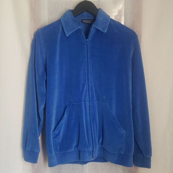 Rebecca Malone Velour Jacket Size S Blue Long Sleeve Front Pockets Zip Up - Picture 1 of 9